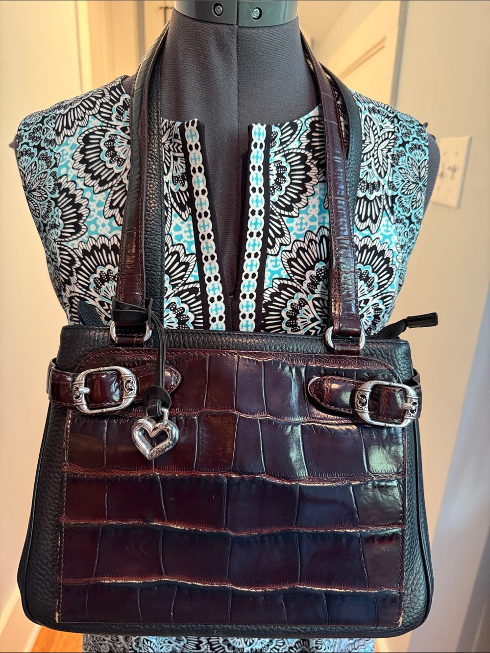 Brighton Croc-Embossed Shoulder Bag in Burgundy and Black with Heart Charm